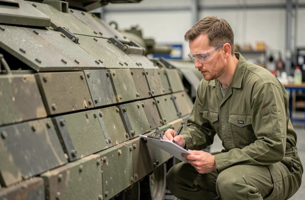 Technicien de l'armée britannique inspectant les plaques de blindage composite du tourelle d'un Challenger 2 en atelier de maintenance