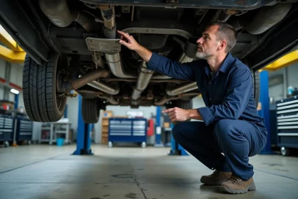Technicien automobile inspectant le système d'échappement sous un véhicule surélevé pour vérifier la présence ou l'absence du filtre à particules FAP