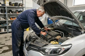 Technicien automobile inspectant le moteur diesel dCi d'une Renault dans un garage professionnel