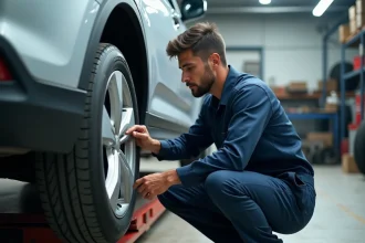 Technicien automobile examinant une jante en alliage dans un atelier professionnel pour estimer le coût de covering