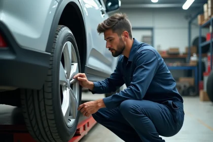 Technicien automobile examinant une jante en alliage dans un atelier professionnel pour estimer le coût de covering