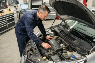 Technicien automobile inspectant le moteur TCe Renault dans un atelier de mécanique professionnel
