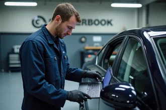 Technicien automobile connectant un outil de diagnostic OBD à une voiture lors d'une reprogrammation moteur Shiftech