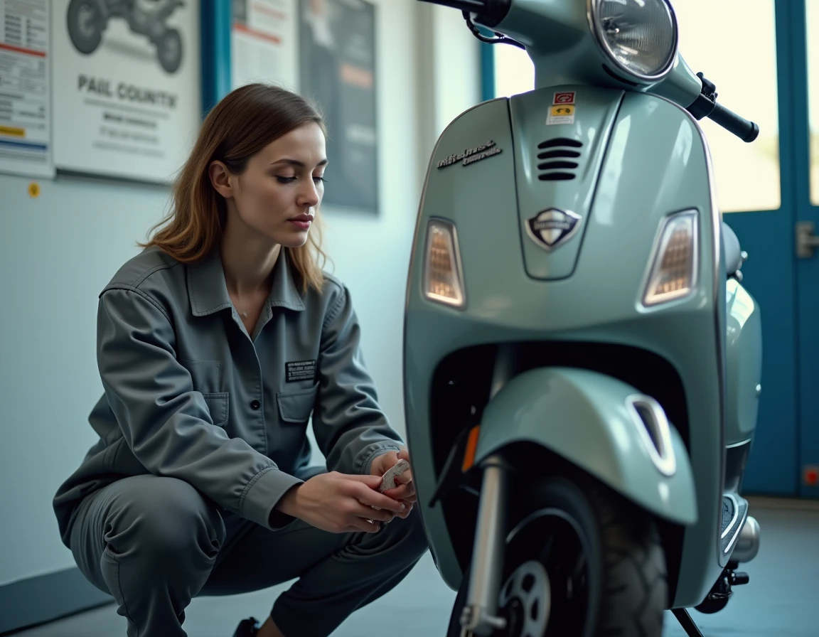 Technicienne effectuant le contrôle technique d'un scooter dans un centre d'inspection agréé deux-roues