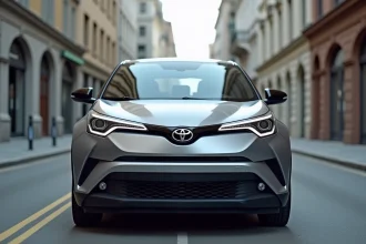 Toyota C-HR 2026 garée en milieu urbain vue de trois quarts avant, mettant en valeur son design extérieur sculptural