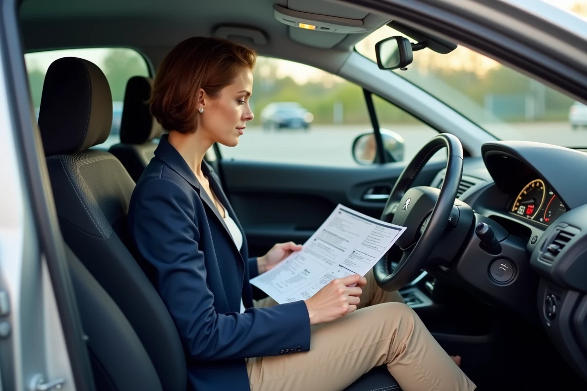 Femme vérifiant le carnet d'entretien et le kilométrage d'une Peugeot 208 avant achat