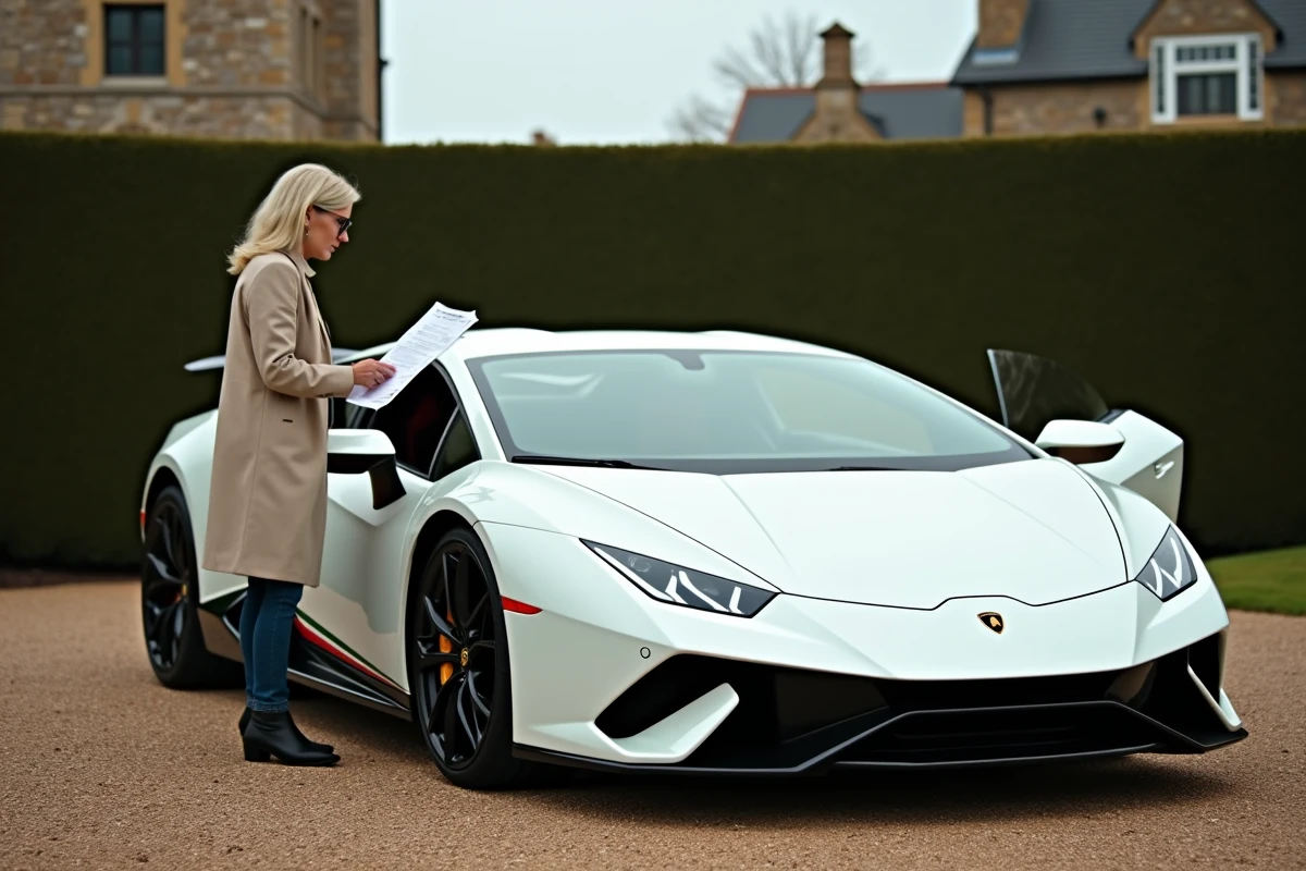 Femme étudiant le rapport d'historique d'une Lamborghini Huracán blanche devant une propriété privée
