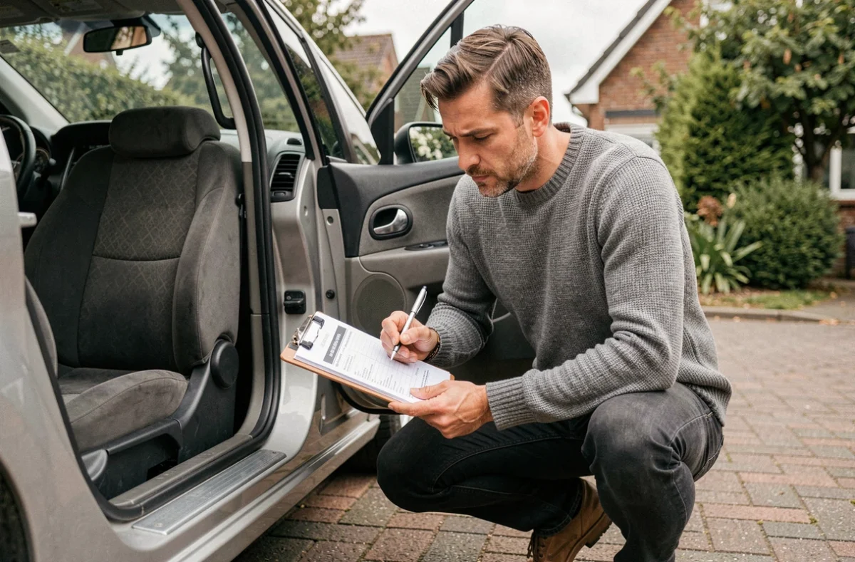 Un homme vérifie l'intérieur d'une voiture d'occasion avec une liste de contrôle avant une reprise automobile