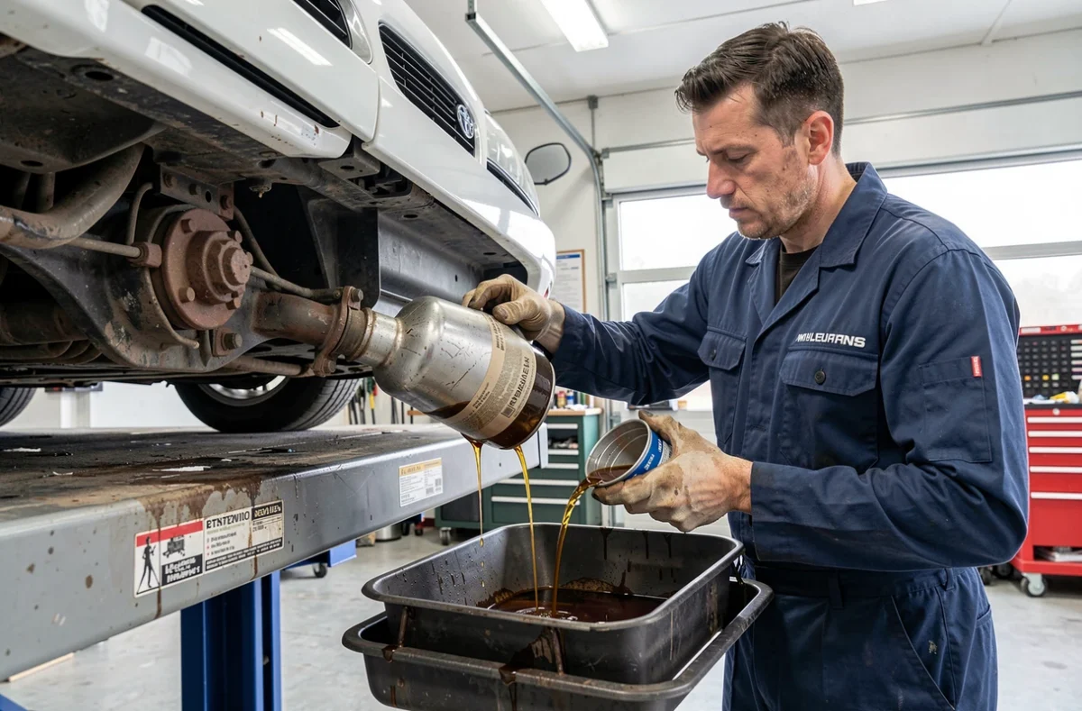 Vidange d'huile moteur d'une voiture en atelier