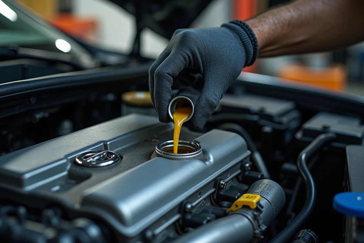 Vidange d'huile moteur sur une Nissan avec filtre et clé dynamométrique posés sur un chiffon atelier