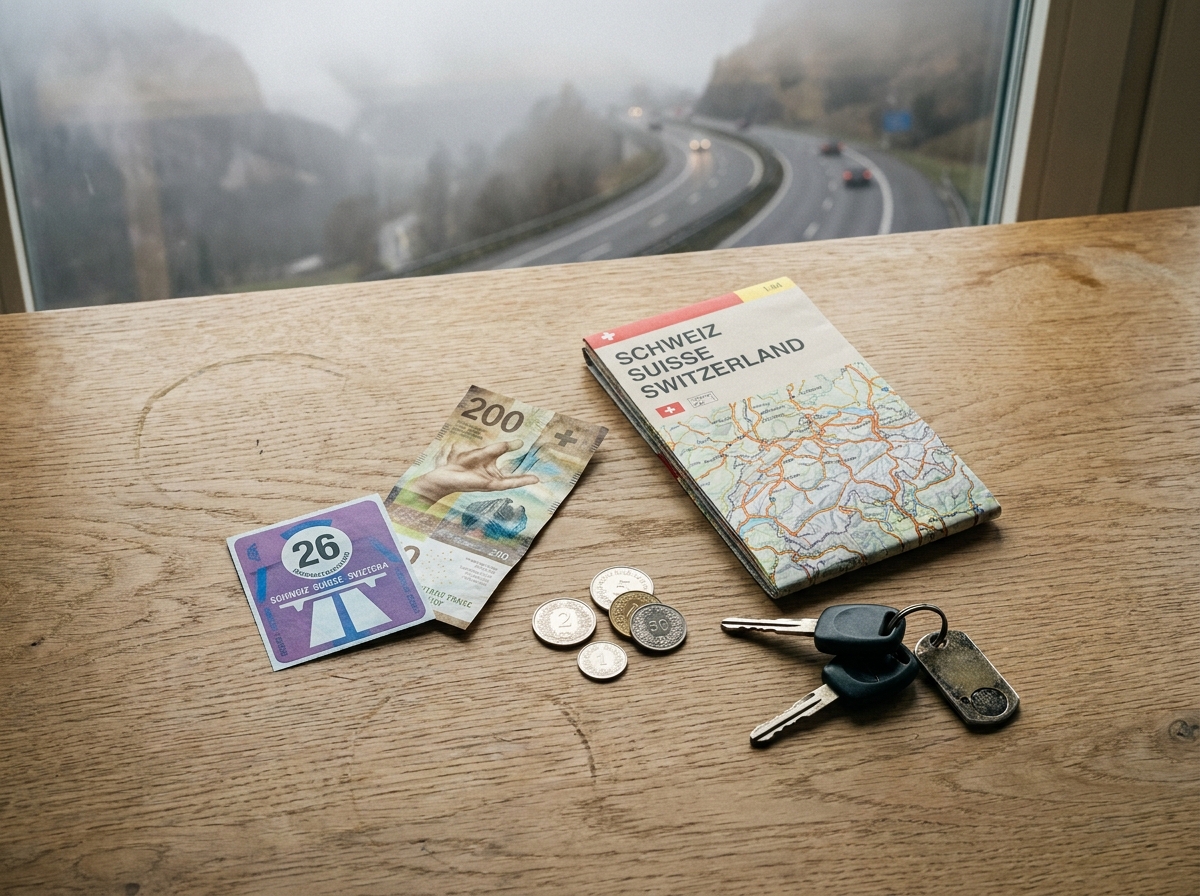 Vignette autoroutière suisse 2026 posée avec des francs suisses et une carte routière sur une table en bois