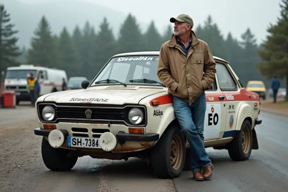 Homme d'âge moyen en rallye contemplant une voiture vintage