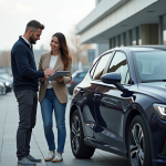 Voiture 40000 euros 2025 : meilleurs modèles et conseils d’achat Homme et femme devant une voiture moderne en concession