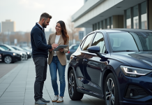 Voiture 40000 euros 2025 : meilleurs modèles et conseils d’achat Homme et femme devant une voiture moderne en concession