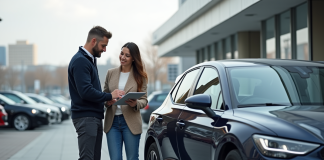 Voiture 40000 euros 2025 : meilleurs modèles et conseils d’achat Homme et femme devant une voiture moderne en concession