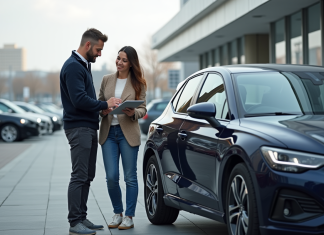 Voiture 40000 euros 2025 : meilleurs modèles et conseils d’achat Homme et femme devant une voiture moderne en concession