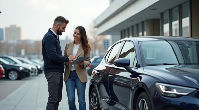 Homme et femme devant une voiture moderne en concession