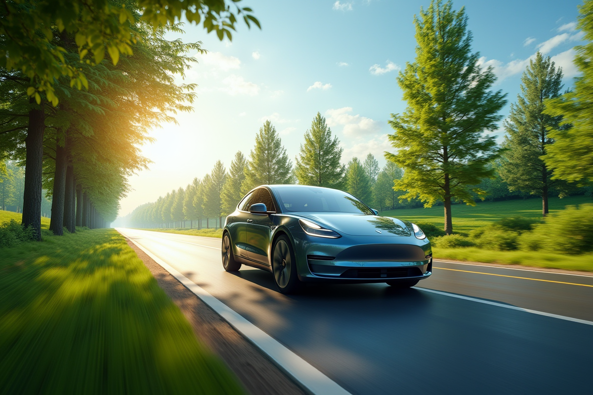 Voiture électrique roulant en campagne entourée d
