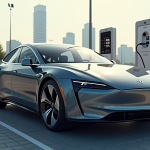 Voiture électrique en charge dans une station publique ensoleillée