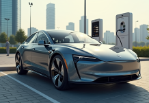 Voiture électrique en charge dans une station publique ensoleillée