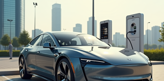 Voiture électrique en charge dans une station publique ensoleillée