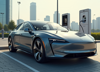 Voiture électrique en charge dans une station publique ensoleillée