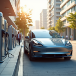 Voiture électrique moderne à une station de recharge en ville