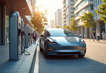 Voiture électrique moderne à une station de recharge en ville