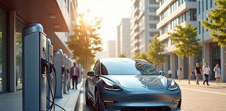 Voiture électrique moderne à une station de recharge en ville