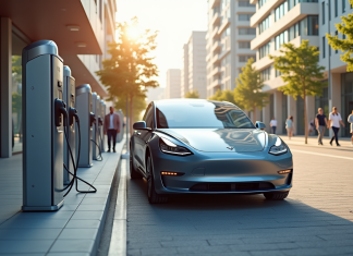 Voiture électrique moderne à une station de recharge en ville