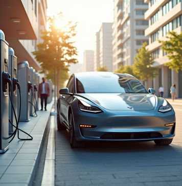 Voiture électrique moderne à une station de recharge en ville