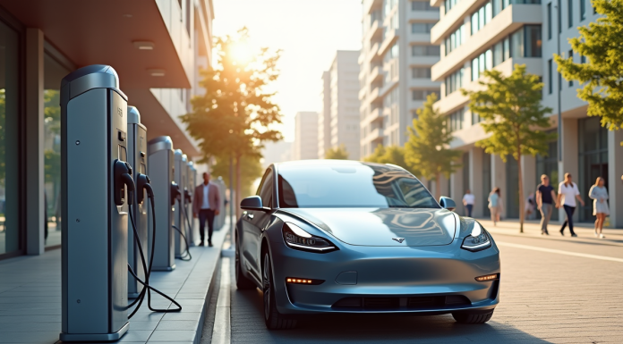 Voiture électrique moderne à une station de recharge en ville