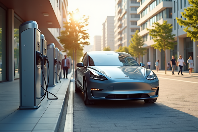 Voiture électrique moderne à une station de recharge en ville