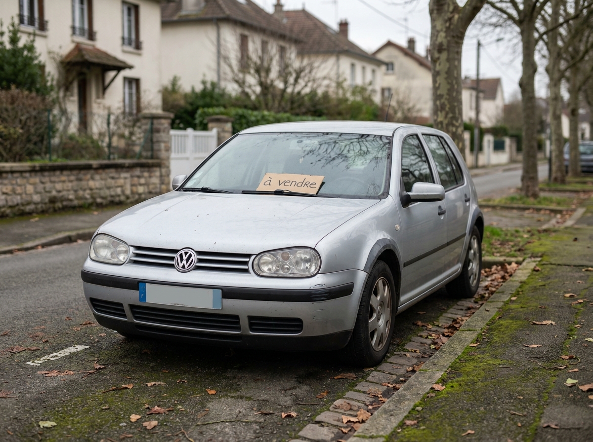 Voiture d'occasion à vendre dans une rue résidentielle française, symbolisant la dépréciation d'un véhicule et l'utilité d'une assurance intermédiaire
