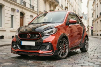 Voiture sans permis GTI garée dans une rue urbaine française, vue de face trois quarts