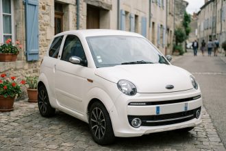 Petite voiture sans permis blanche garée dans une rue de ville française avec des façades en pierre en arrière-plan