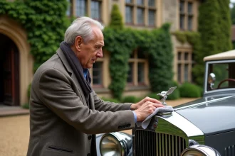 Homme en tweed polissant une voiture ancienne devant un manoir