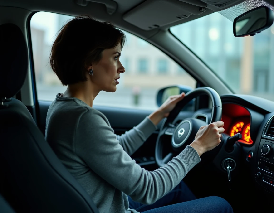 Conductrice observant les voyants d'alerte du tableau de bord allumés dont le voyant moteur et l'ABS dans l'habitacle d'une voiture