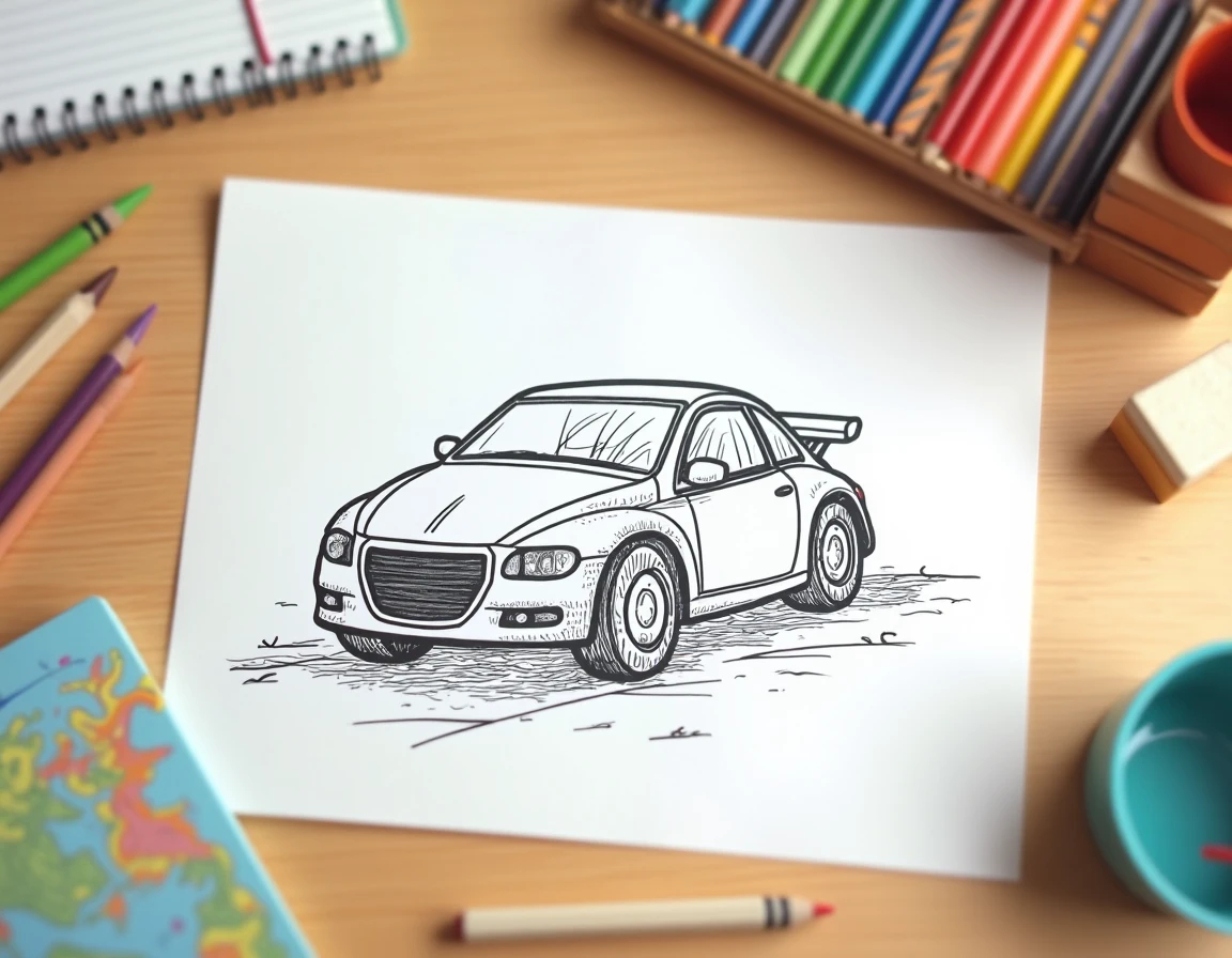 Vue de dessus d'un dessin de voiture imprimé en cours de coloriage avec des crayons sur un bureau